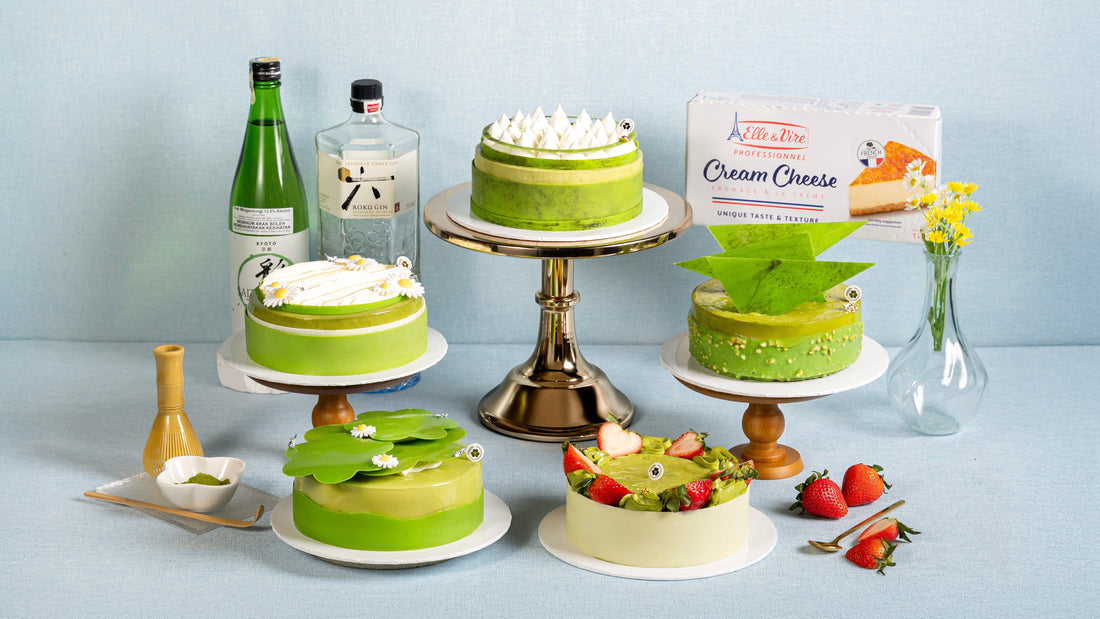 Five different Japanese Matcha mousse cakes lined up, showing different flavours.