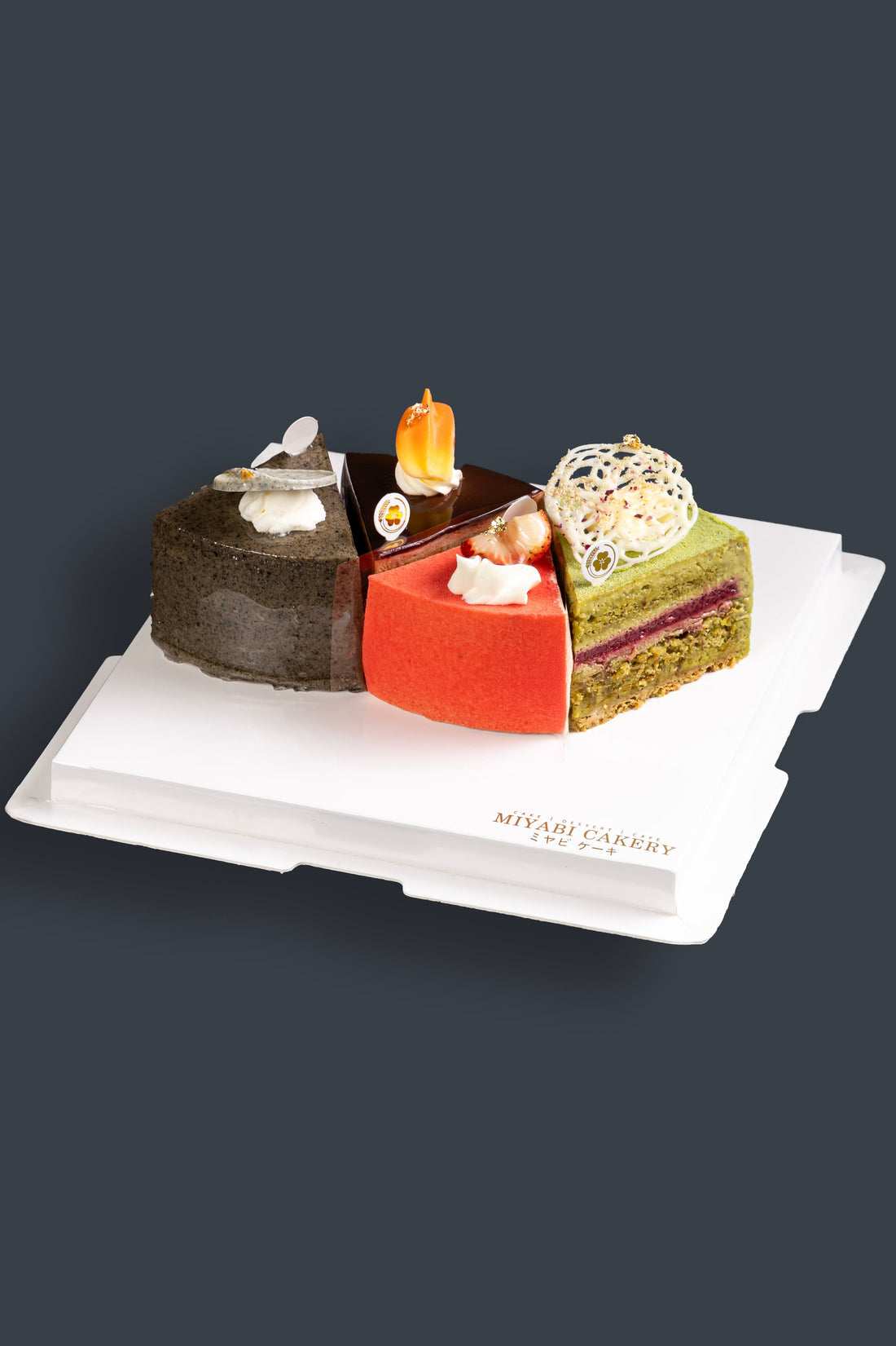 Assorted Miyabi Japanese-French cake slices arranged as a six-piece tasting set