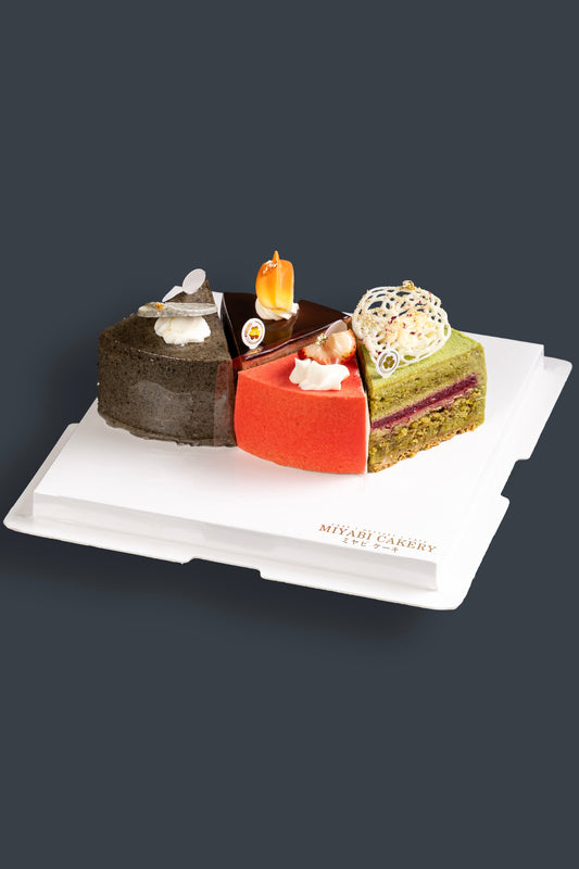 Assorted Miyabi Japanese-French cake slices arranged as a six-piece tasting set