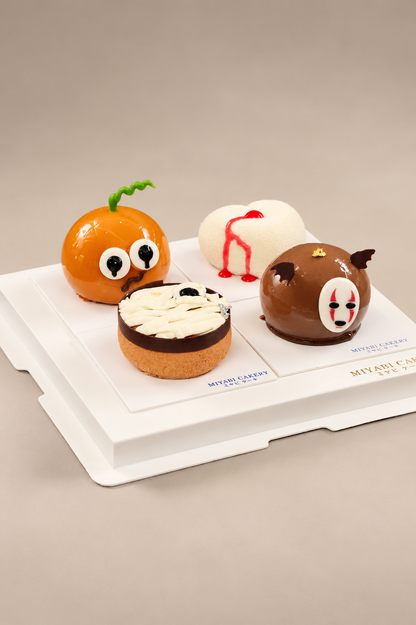 Halloween Cake 4-in-1 set: Trickster Caramel, Bleeding Heart, Spirit of Darkness and Mummified Peanut Tomb.