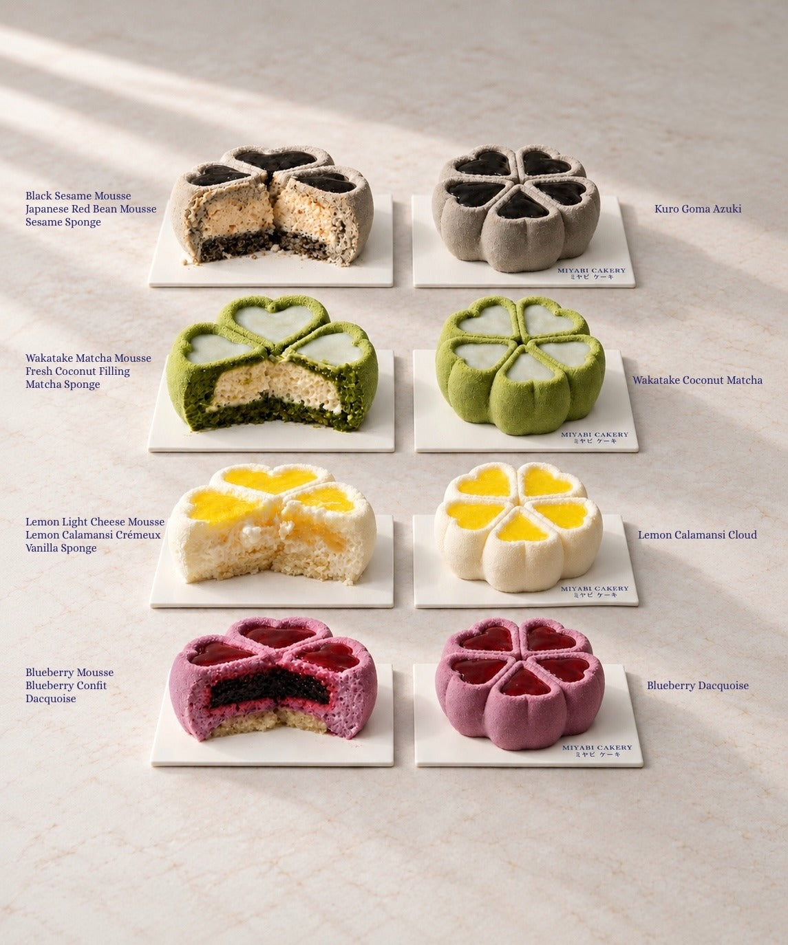 Four Miyabi mooncake cake flavours and their interior layers