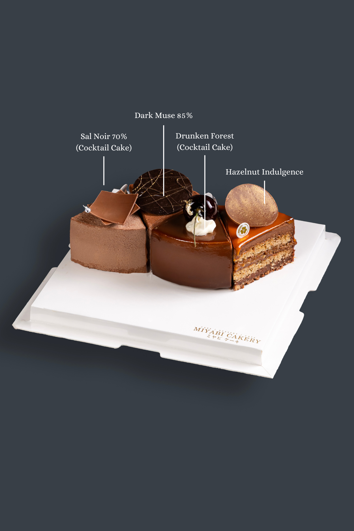 VALRHONA CHOCOLATE 4 in 1 cake selection featuring Dark Muse 85% dark chocolate — Miyabi Cakery, Kuala Lumpur